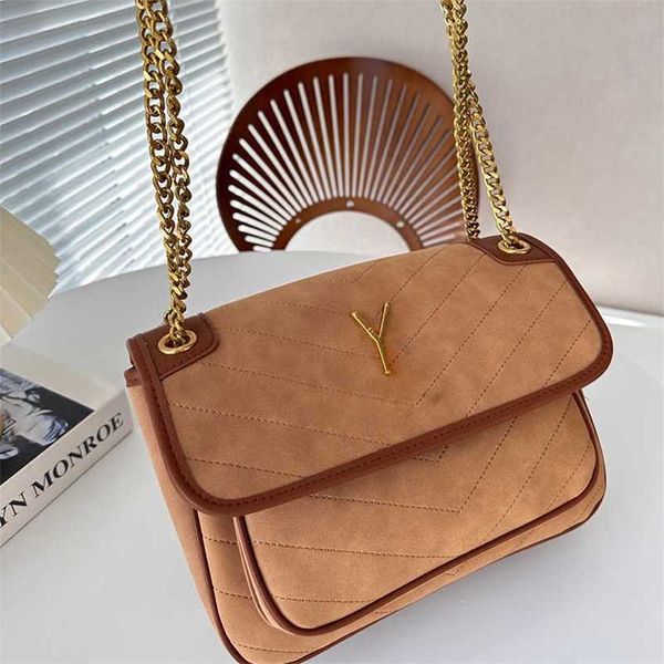 Şık Vintage Gold Chian Crossbody Bags y-Letting Tasarımcı Messenger Çantası Kadın Kahverengi Süet Omuz Çantaları Marka Lüksler Çantalar Çanta 231211