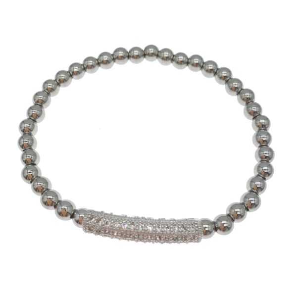 Bracciali Bracciale elasticizzato con perline in acciaio inossidabile da 5 mm con una barra di zirconi al centro per regali per donne e ragazze 7,5 pollici