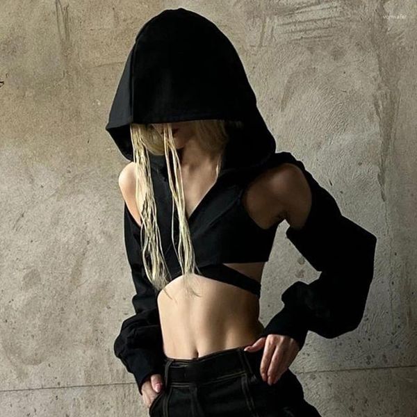 Damen Hoodies Goth Dark Streetwear Cut Out Mall Gothic Grunge Punk Cross Buckle Kapuzen Crop Sweatshirts Y2k Techwear Fashion Black Top