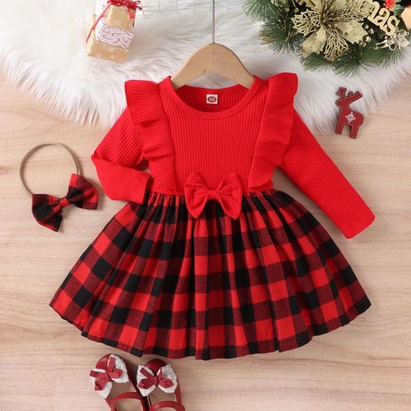 Abiti da ragazza Neonate Abito con fiocco Bowknot Bambino Autunno Manica lunga Stampa scozzese Principessa rossa Natale Festa per bambini Abiti casual