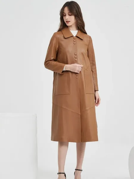 Giacca in pelle da donna moda colletto quadrato ufficio donna genuina lunga alta qualità primavera elegante monopetto2024