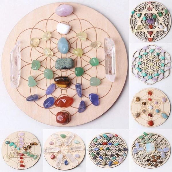 Deko-Figuren, natürliche gemischte Kristallsteine, Altar-Array, rund, Holz, Heilung, Feng Shui-Dekoration (10 cm)
