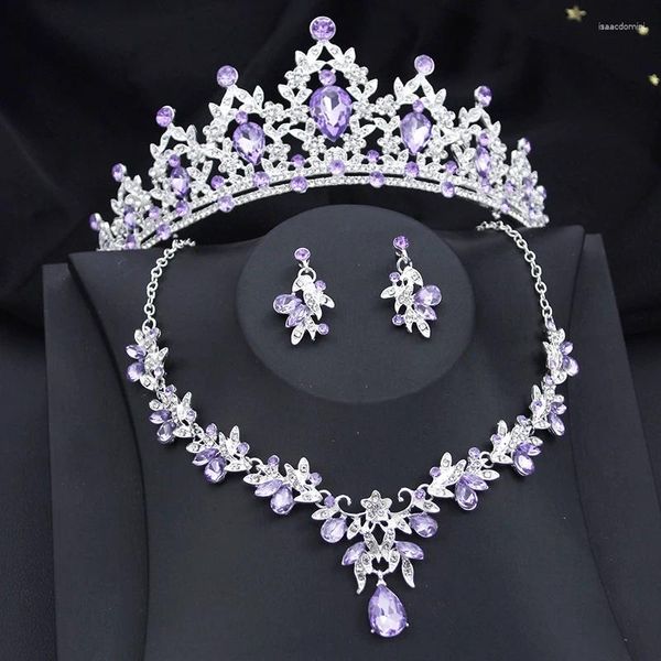 Halskette Ohrringe Set wunderschöne Prinzessin lila Kristall Braut für Frauen Tiaras Krone Braut Hochzeit Schmuck