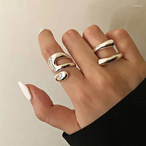 Anéis de cluster prata cor metal minimalista brilhante largo aberto geométrico dedo para mulheres homens jóias presentes