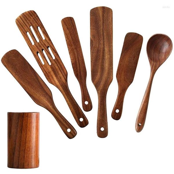 Piatti Spurtle Set da cucina in legno 7 pezzi Utensili in teak naturale Pentole in legno antiaderente resistenti al calore