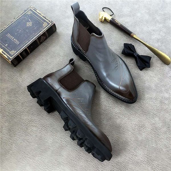 Botas masculinas de couro genuíno com bico fino, preto, cinza, estilo britânico, sapatos italianos