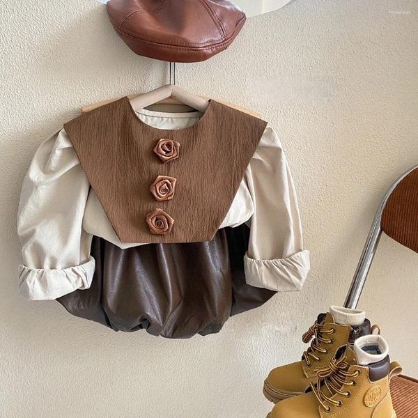 Set di abbigliamento Abbigliamento per bambini Ragazze Cappotto in stile francese retrò Primavera Autunno Fiore Camicetta bianca e gonna in pelle Moda dolce elegante