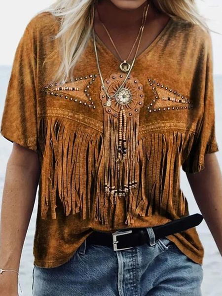 Mulheres Camisetas 2024 Falso Tassel Beading V-Pescoço T-shirt Tee Casual Manga Curta Mulheres Tops Moda Western Country Style Pulôver Y2K