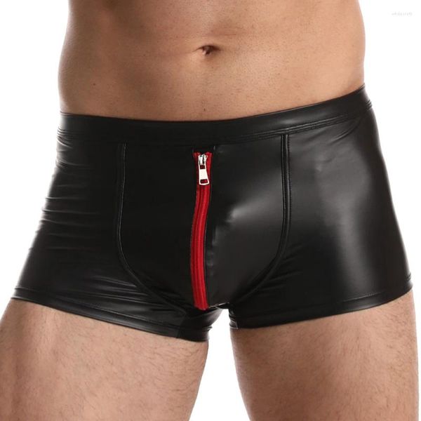 Cuecas com zíper boxer calcinha masculina sexy shorts de couro bulge bolsa gay homens roupa interior macio deslizamento briefs masculino causal wear