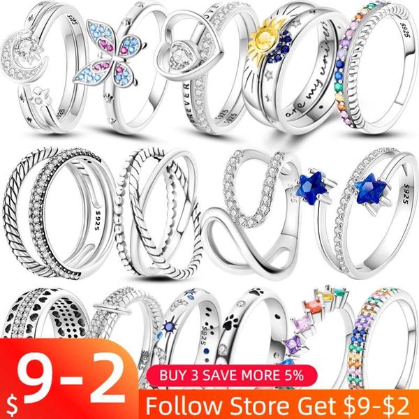 Cluster Ringe 925 Sterling Silber Für Frauen Original Krone Schmetterling Sonne Mond Herzförmige Verlobung Hochzeit Ring Luxus Schmuck