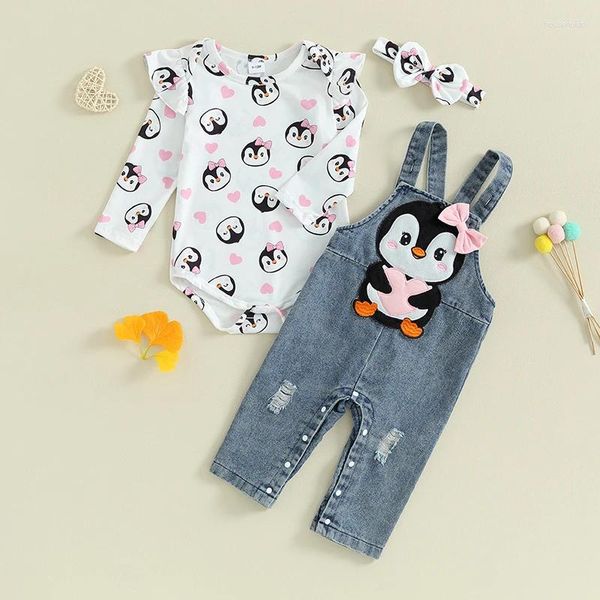 Kleidungssets Geborenes Säuglingsbaby-Kleidung Pinguin-Druck-Langarm-Strampler mit Denim-Gesamthose Stirnband 3 Stück Herbst-Outfits