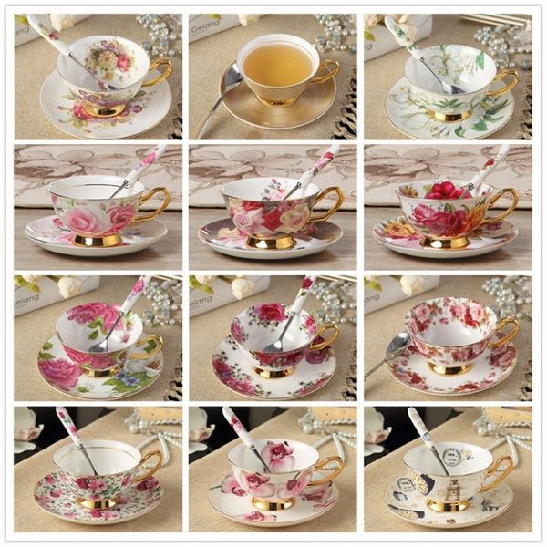 Elegantes Knochenporzellan-China-Tee-Kaffeetassen- und Untertassen-Löffel-Set aus Keramik im britischen Stil Nachmittagstee-Tassen-Set Gift317c