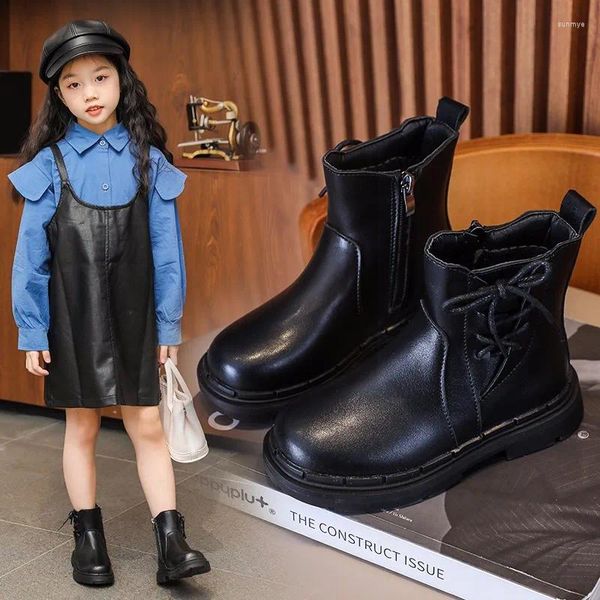 Сапоги для девочек, осень-зима 2024, детская модная черная обувь из искусственной кожи на молнии со шнуровкой, резиновая детская обувь для верховой езды, детские ботинки для девочек