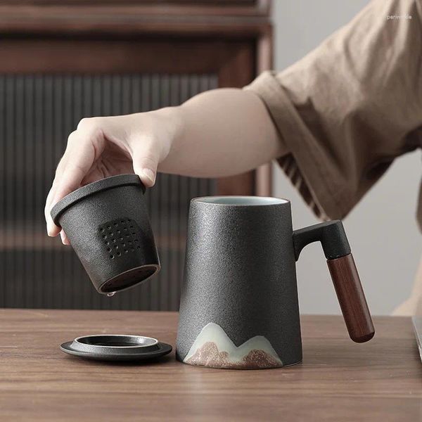 Tassen Glasurmalerei Farbe handbemalte Tasse Holzgriff Keramiktasse mit Deckelfilter Großes Büro Tee süßer Kaffee