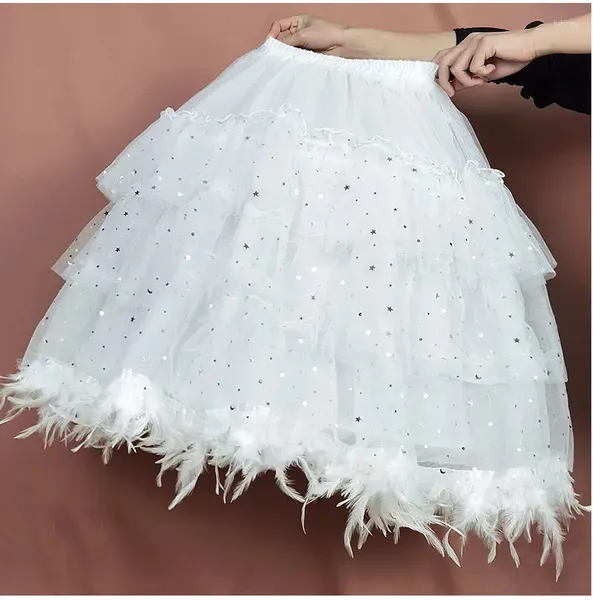 Saias femininas guarnição de penas lindo petticoat fofo bolha tule saia crinolina diariamente ajustável espinha de peixe noiva suporte de casamento