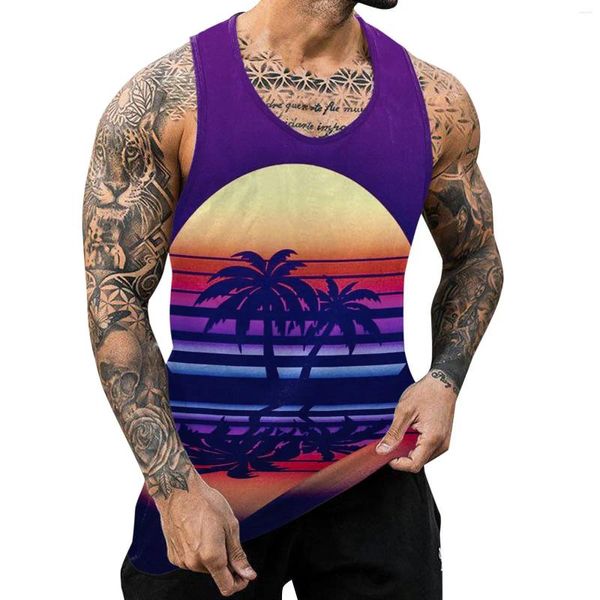 Regatas masculinas verão estilo havaiano 3d impresso casual férias paisagem esportes camisetas moda streetwear sem mangas colete