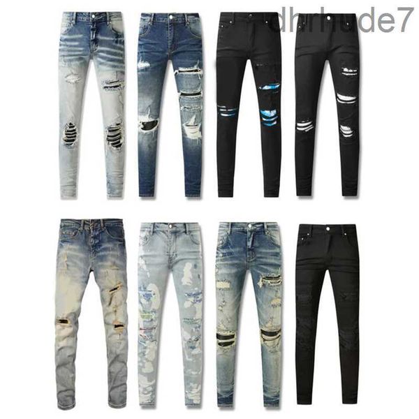 Amirly Designer Stack Stacked Jeans European Purple für Herren Quilting Ripped Trend Brand Vintage Pant Fold Slim Skinny Hose CX3O