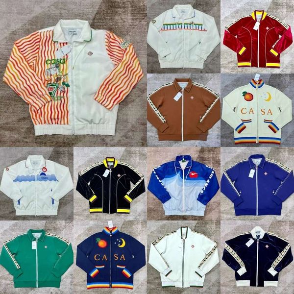 24SS Kazablanka Yeni Erkekler Tasarımcı Ceketler Klasik Sıcak Polo Yaka Fermuar Moda Pamuklu Ceket Tenis Mektup Baskı Stripe Windbreaker Sport Outwear Tops