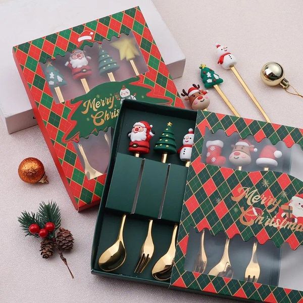 Set di stoviglie Set di stoviglie per cucchiai di Natale Pupazzo di neve Alce Caffè Babbo Natale Forchetta da frutta Giocattolo Decorazione Posate Regalo