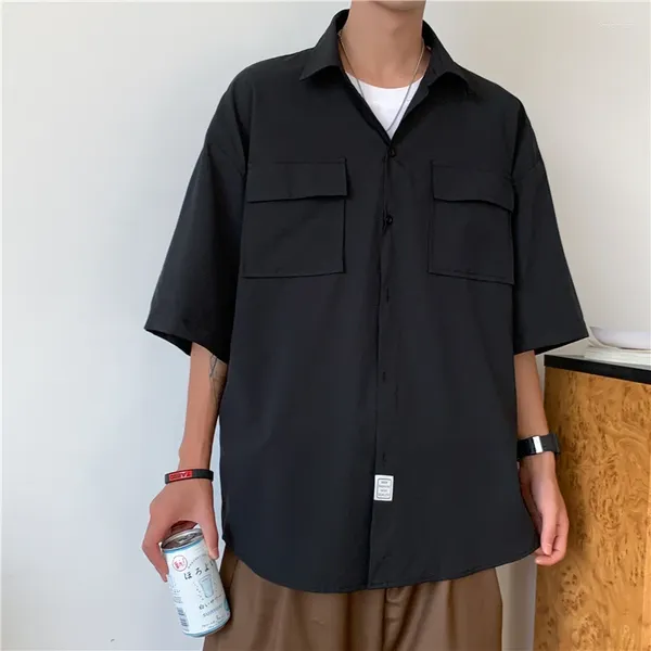 Männer Casual Hemden YASUGUOJI Einfarbig Fracht 2024 Sommer Mode Taschen Kurzarm Hemd Männer Oversize Tops Männliche Kleidung