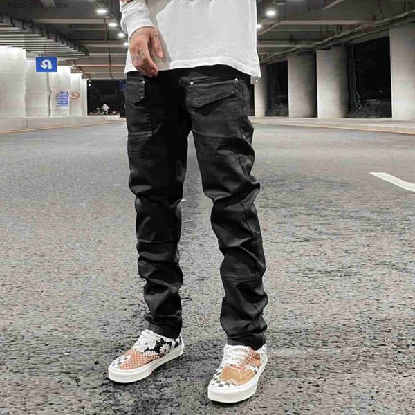 Jeans masculinos streetwear slim fit pés revestidos calças jeans pretas para homens bolso escovado cera cônico calças homem casual carga jeans y2k q240202