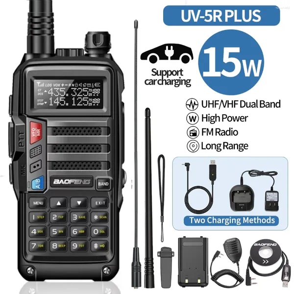 Рация BAOFENG UV-5R Plus, 15 Вт, USB-зарядное устройство, приемопередатчик дальнего действия, 16 км, УВЧ, УКВ, радиолюбительская радиостанция UV 5R, двусторонняя для охоты