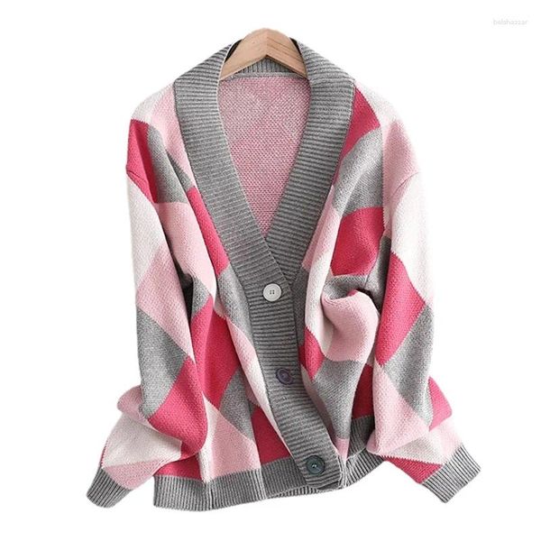 Maglieria da donna Cardigan in maglia Maglioni a rombi Donna Autunno Inverno 2024 Coreano Button Up Giubbotti Manica lunga con scollo a V Cappotti corti