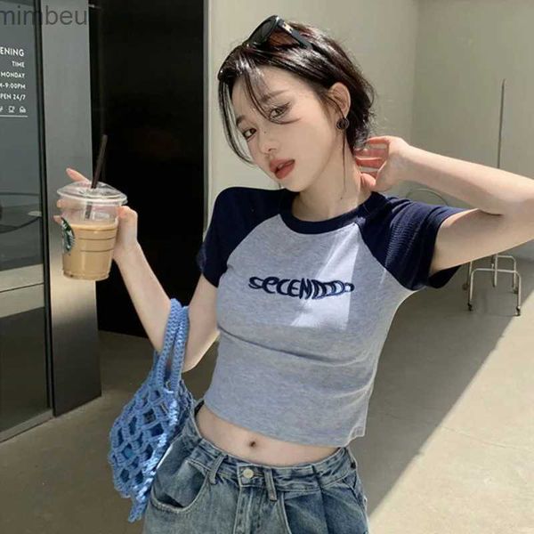 Damen T-Shirt Y2K Frauen T-Shirt Patchwork Brief Slim Fit Crop Tops Streetwear Casual Korean Fashion Kurzarm T-Shirts Bae Female Tees L240201