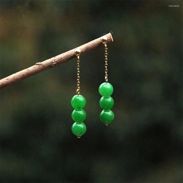 Orecchini pendenti Retro Perle di giada verde Smeraldo Orecchino a goccia per donna Catena alla moda Appesa Stub Gioielli regalo per ragazza vintage