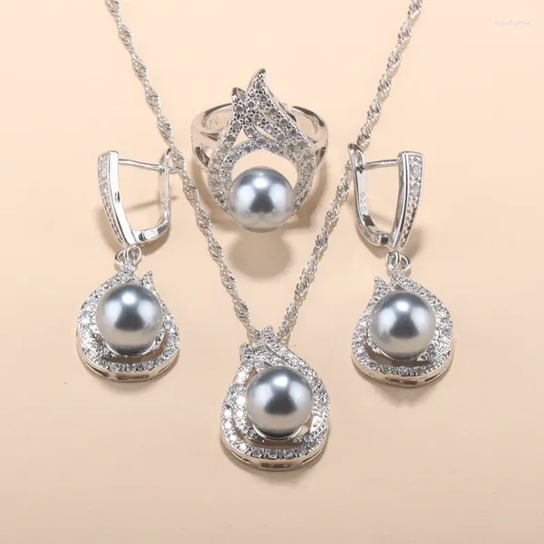 Conjunto de brincos de colar com pérola natural, vestido de noiva para mulheres e conjuntos de 4 peças com tamanho de anel ajustável