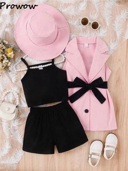 Kleidung Sets Prowow 4-7Y Sommer Kinder Mädchen Blazer Outfit Revers Knopf Jacke Crop Top Solide Shorts Gürtel 4 stücke Kleidung mit Hut