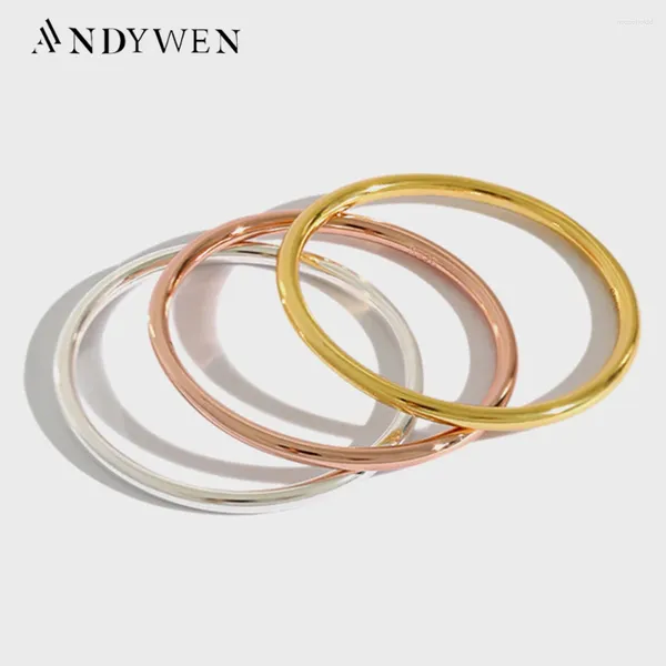 Anéis de Cluster Andywen925 Sterling Silver Três Cores Linha Fina Ligher Peso Dedo Simples Slim Mulheres Rock Punk Círculo Jóias