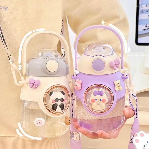 Wasserflaschen Kawaii Katze Panda Flasche mit Strohband für Kinder Mädchen BPA frei 820 ml niedliche Kunststoff Kaffee Milch tragbares Trinken