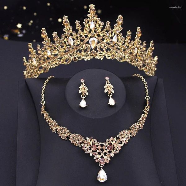 Halskette Ohrringe Set Luxus Champagner Kristall Braut Krone Schmuck Prinzessin Königin Tiaras Prom Braut Hochzeit Dubai Mode