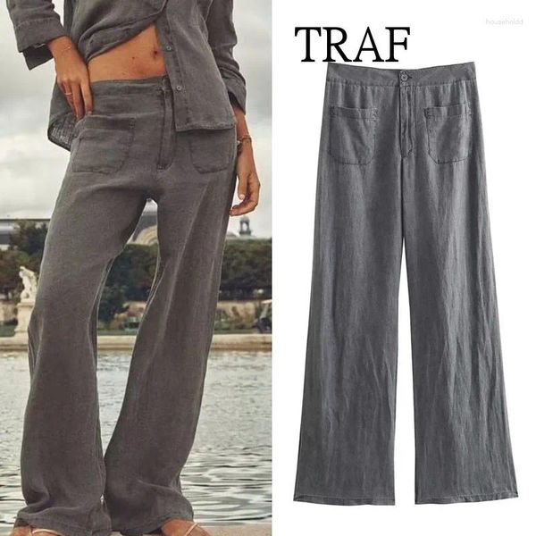 Calças femininas traf calça de linho mulheres 2024 outono vintage cintura alta conjunto largo mulher roupas soltas calças chique bolso casual senhora