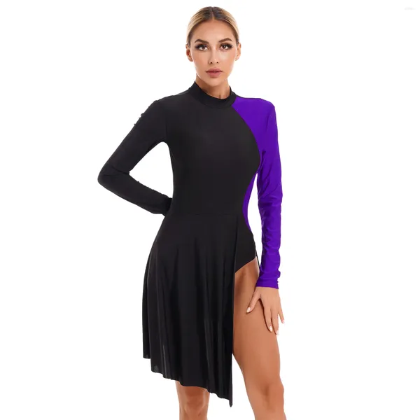 Abbigliamento da palco Abito da ballo lirico moderno da donna Balletto Ginnastica Body abiti Manica lunga Color Block Abbigliamento da ballo per pattinaggio di figura