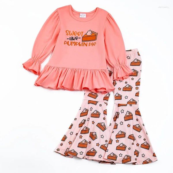 Conjuntos de roupas Girlymax Outono Outono Ação de Graças Bebê Meninas Crianças Roupas Coral Torta de Abóbora Impressão Outfit Ruffles Flare Pants Set