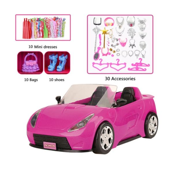 61pcs / conjunto legal 2seater veículo rosa carro com roupas de viagem elegantes e acessórios para boneca crianças presente brinquedos 3 anos de idade 240129