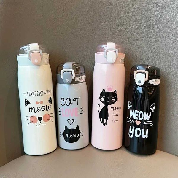 Termozlar 350ml/500ml Karikatür Kedi Paslanmaz Çelik Vakum Şişesi Saman Taşınabilir Çocuklar Termos Kupa Seyahat Termal Su Şişesi Tumbler