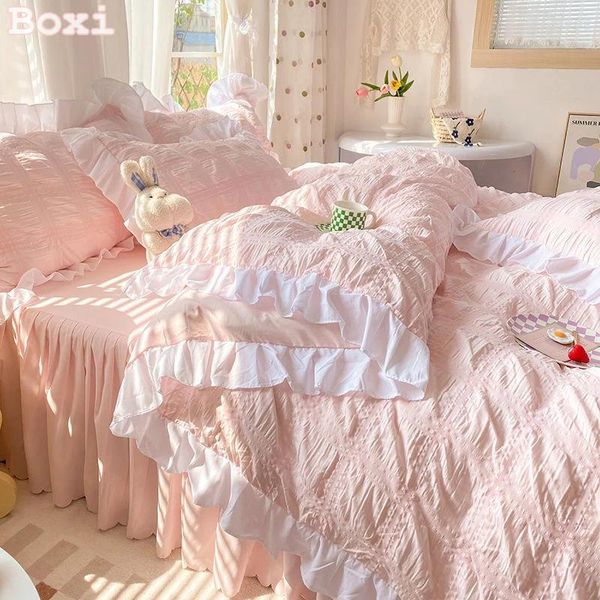 Комплекты постельного белья, милый комплект из хлопка в стиле принцессы для женщин, хлопковый однотонный комплект с рюшами, юбка-кровать, простыня King Queen, одеяло