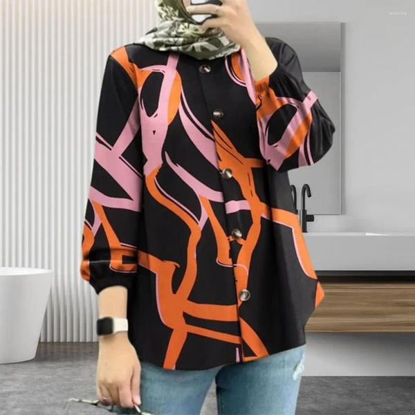 Camicette da donna Camicia abbottonata Stampa geometrica Cardigan girocollo Camicetta con polsini elastici Bottoni larghi monopetto di media lunghezza