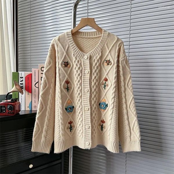 Damenpullover Herbst Vintage 3D bestickter Pullover Cardigan sanfter Rundhals-Strickmantel trendige Pulloverpullover