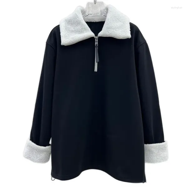 Jaquetas femininas casaco de lã lapela curto versão slim-fit cor contraste zíper design quente e confortável outono/inverno 2024