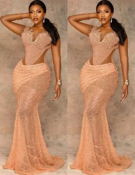 Plus Size Arabisch ASO EBI MERAMID GOLD LACE POT KOSSE Kleider schiere Hals Perlen Abend Formale Party zweite Empfangskleider Kleid BC18034