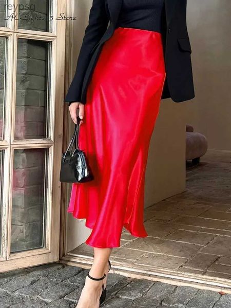 Saias 2023 verão feminino saia de cetim elegante roxo uma linha saia brilhante cintura alta saias de comprimento médio vermelho escritório saias longas para mulher yq240201