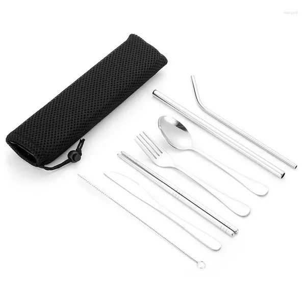 Geschirr-Sets 7-teiliges Set Tragbares bedrucktes 304 Edelstahl Löffel Gabel Steakmesser Reisebesteck Geschirr mit Tasche