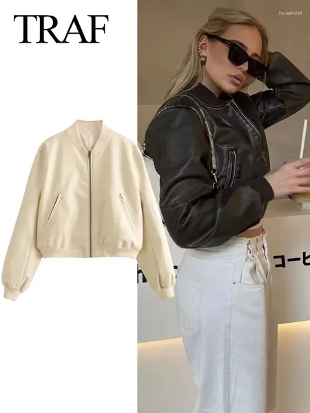 Giubbotti da donna TRAF 2024 Vintage Solid Zipper PU Bomber in pelle Cappotto femminile Street Wear Elegante Lady Primavera Autunno