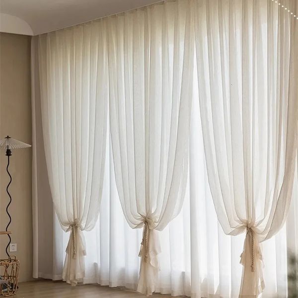 Cortina de tule estilo japonês para sala de estar, cortinas voile de linho de algodão marrom para quarto, cortinas transparentes 240118