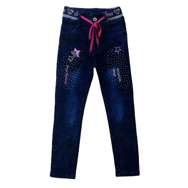 Jeans infantis meninas strass bordado costela tether denim calças crianças retas calças de comprimento total 3-12t 240123