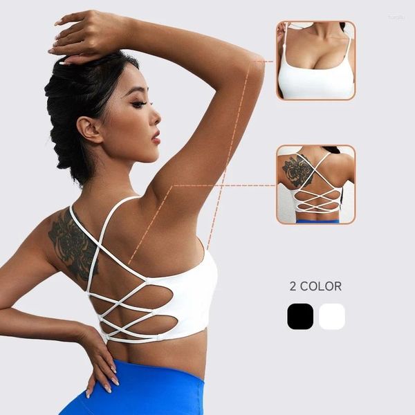 Yoga roupa cor sólida tiras cruzadas sutiã esportivo superior mulheres ginásio fitness bralette alto suporte tanque push up correndo roupa interior apertada